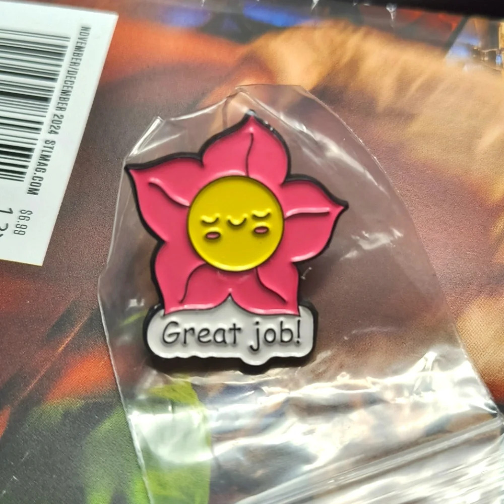 Yellow smiley face with pink flower petals Great Job enamel pin clothes bag hat